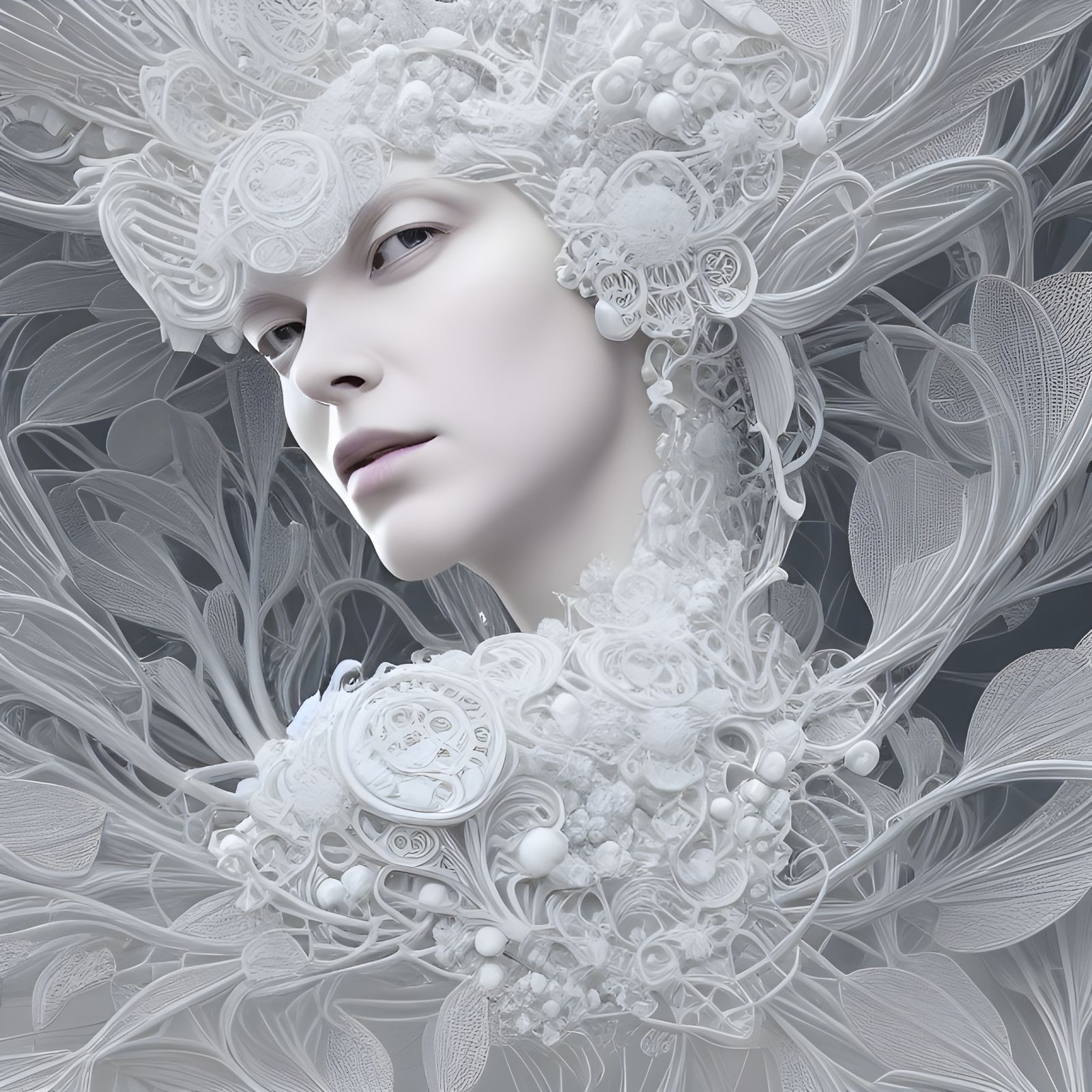 Intricate Portrait of Queen of Flowers in White