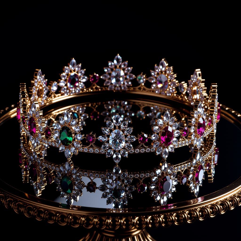 Ornate Tiaras Reflected on Mirror in Hyperrealistic Photo