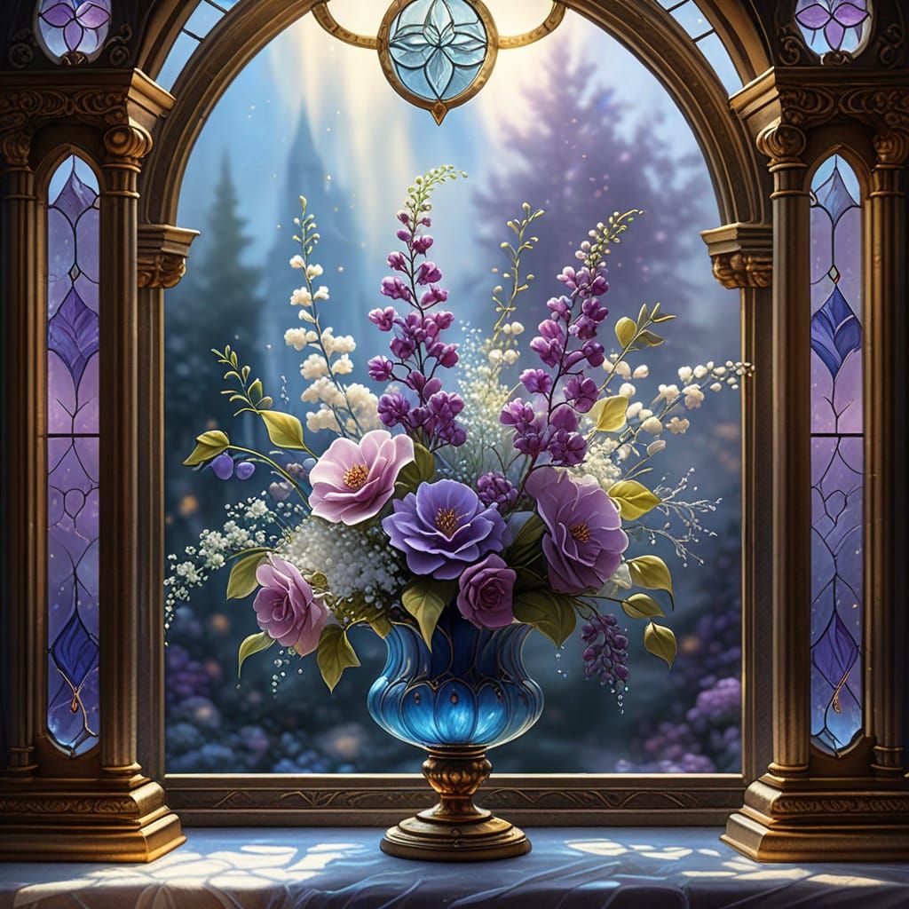 round Stained-glass art, purple-Acronite flowers with Babys ...