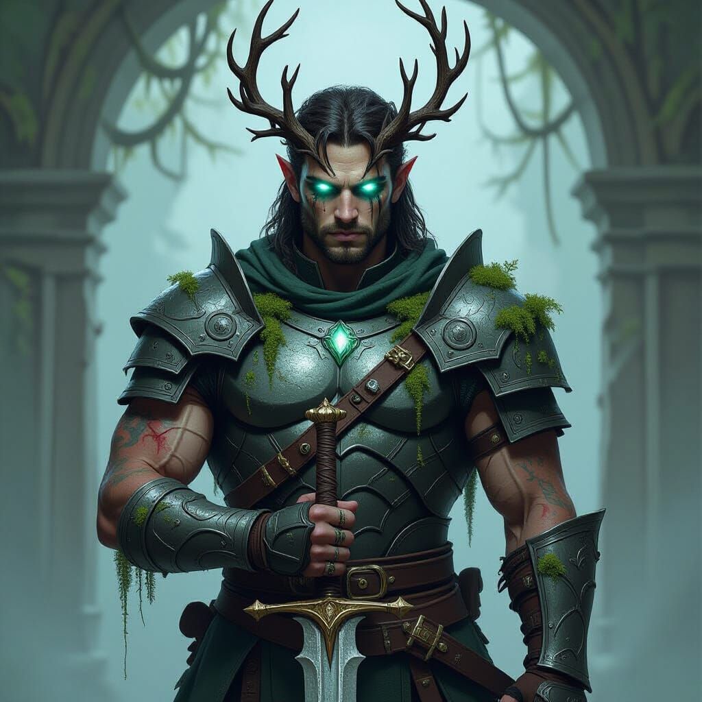 A male Fey warrior with muscular, scarred arms exposed from ...