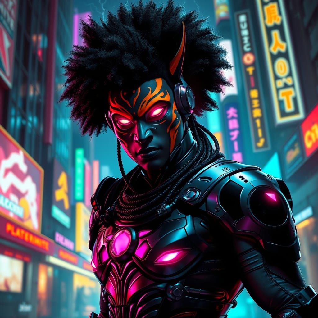 Cyberpunk Nekomata Warrior in Neon City