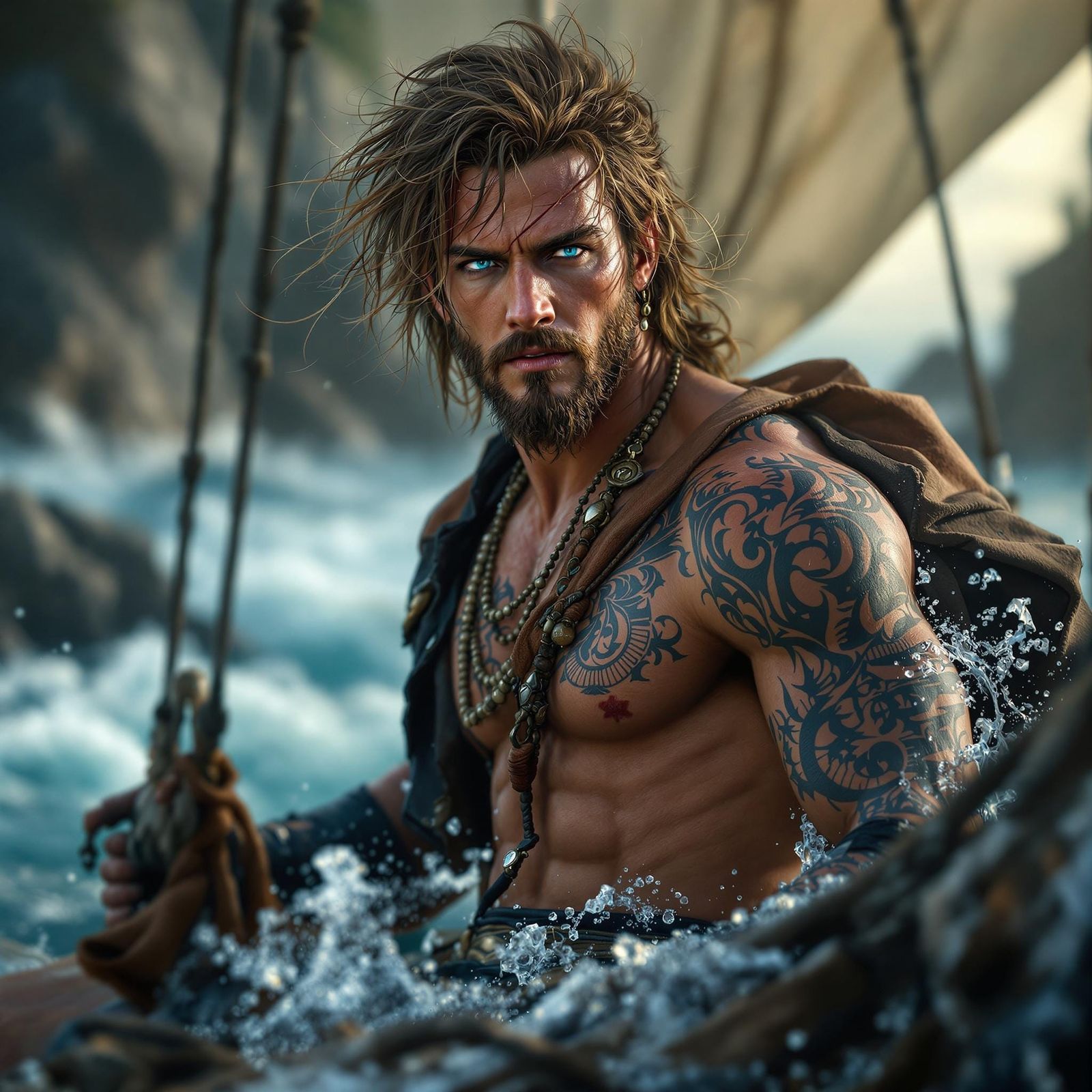 Sailing Pirate Man with Ocean Blue Eyes and Tattoos