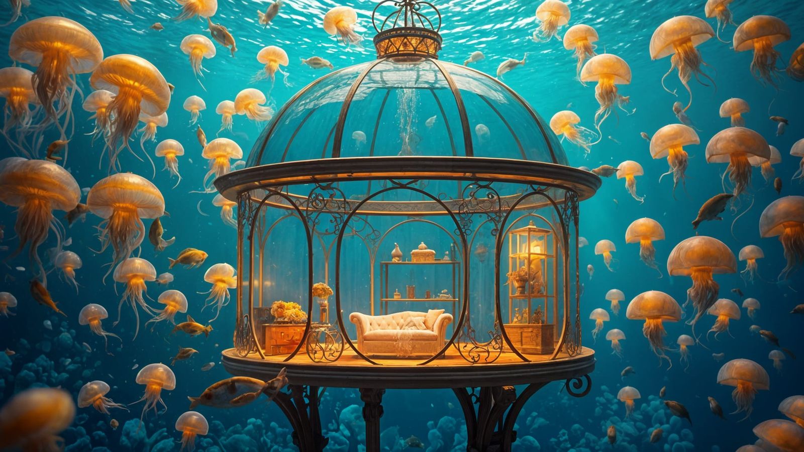 Underwater Teahouse: Art Nouveau Fantasy in Sapphire Sea