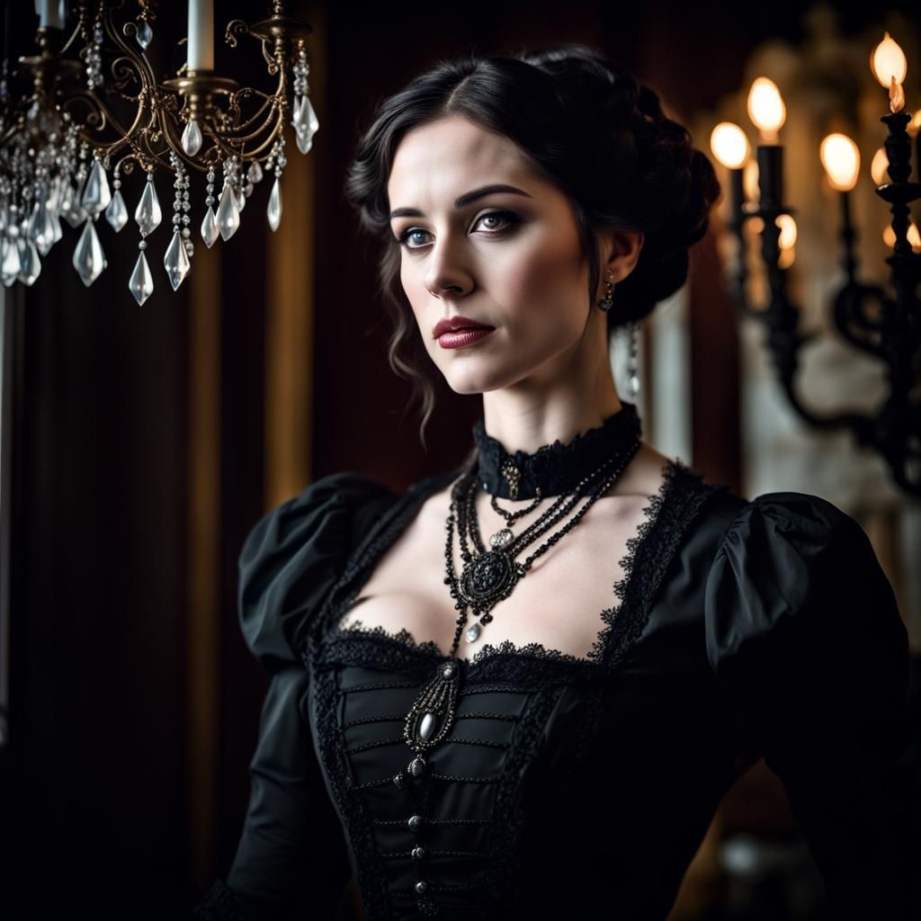 Victorian Woman Descends Staircase in Darkness