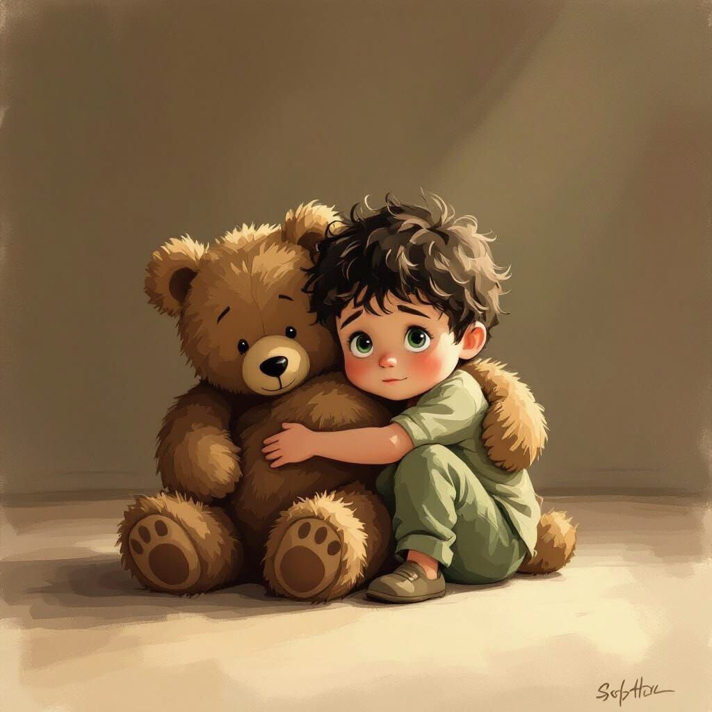 Boy Hugs Bear in Soft Light, Painterly Style