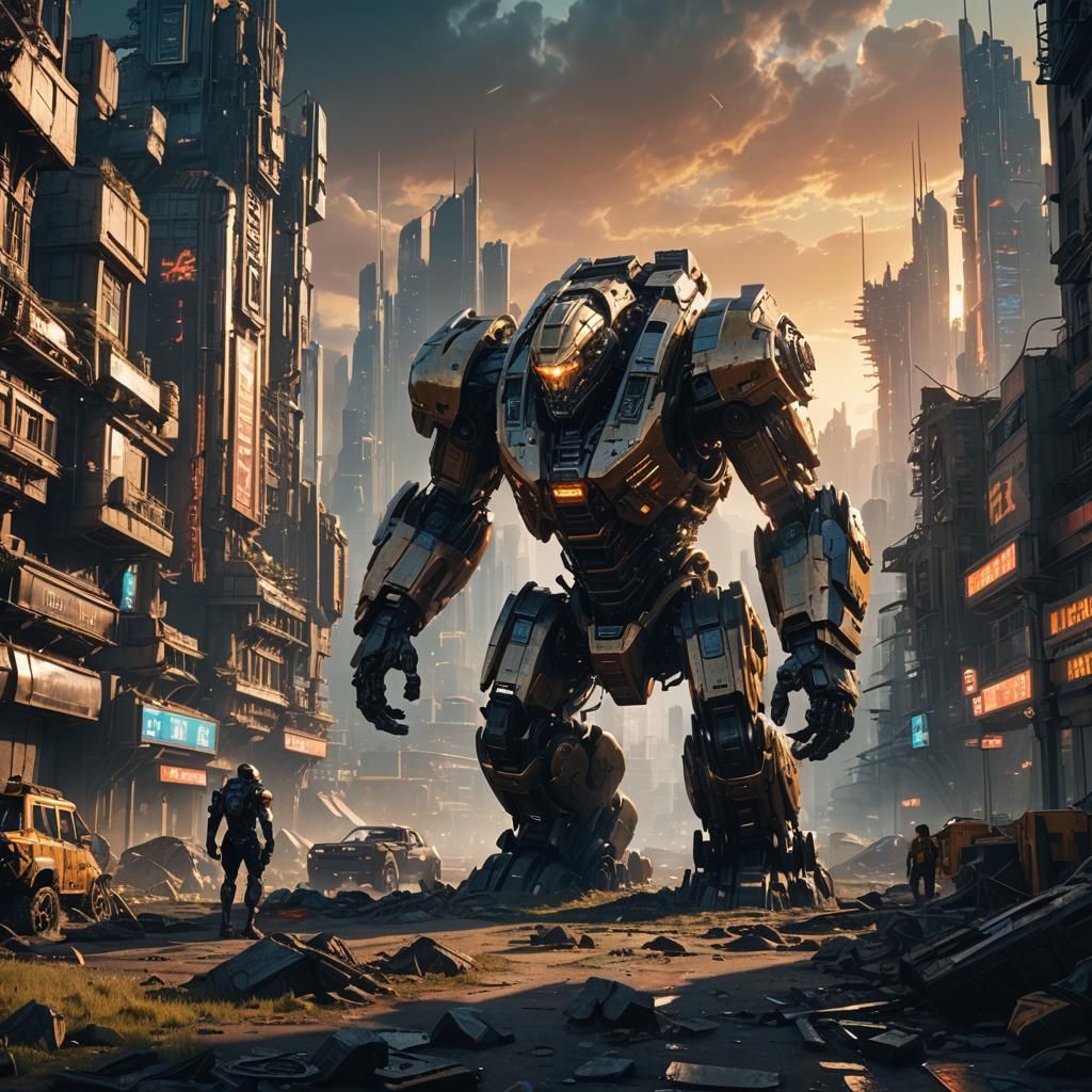 Sci-Fi Titan Overlooking Ruined Cityscape