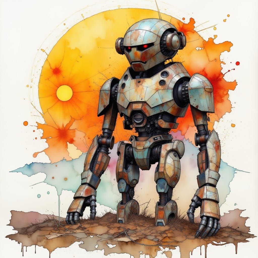 Robot on Hill at Sunrise in Charcoal and Watercolor