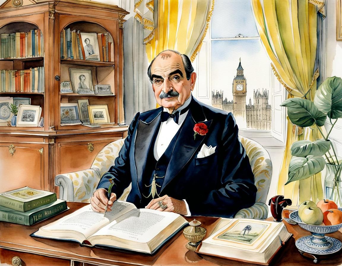 Hercule Poirot Portrait in Watercolor Style