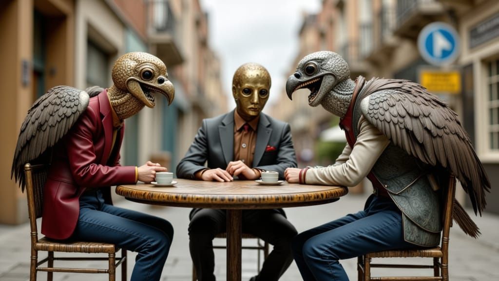 Surreal Vultures and Coin-Faced Men at Cafe