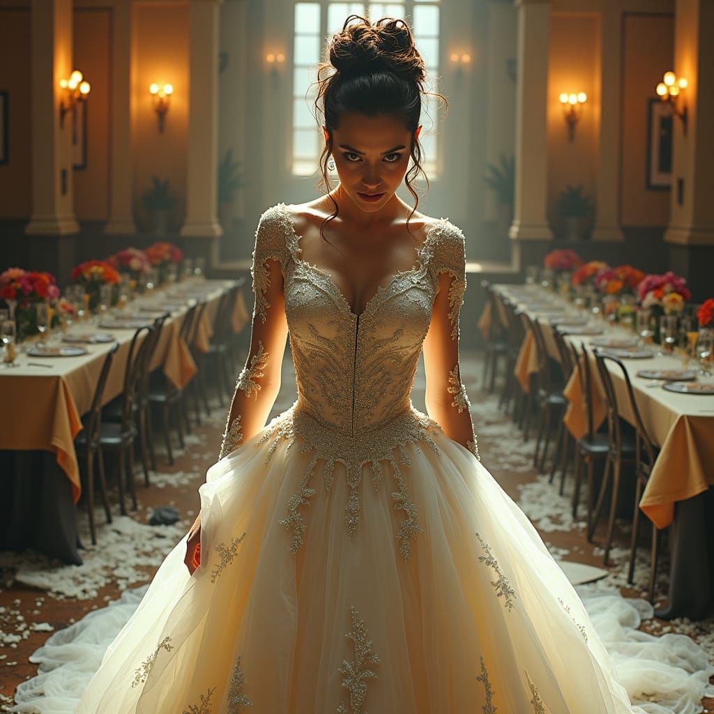Furious Bride Amidst Destroyed Wedding Reception