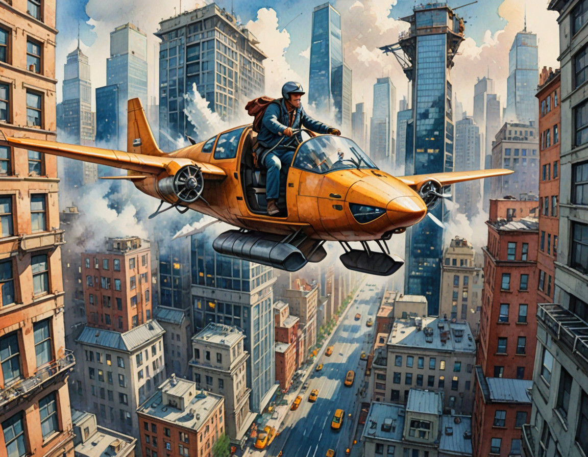 Hero Riding Propeller-Powered Flying Vehicle Through City Ca...