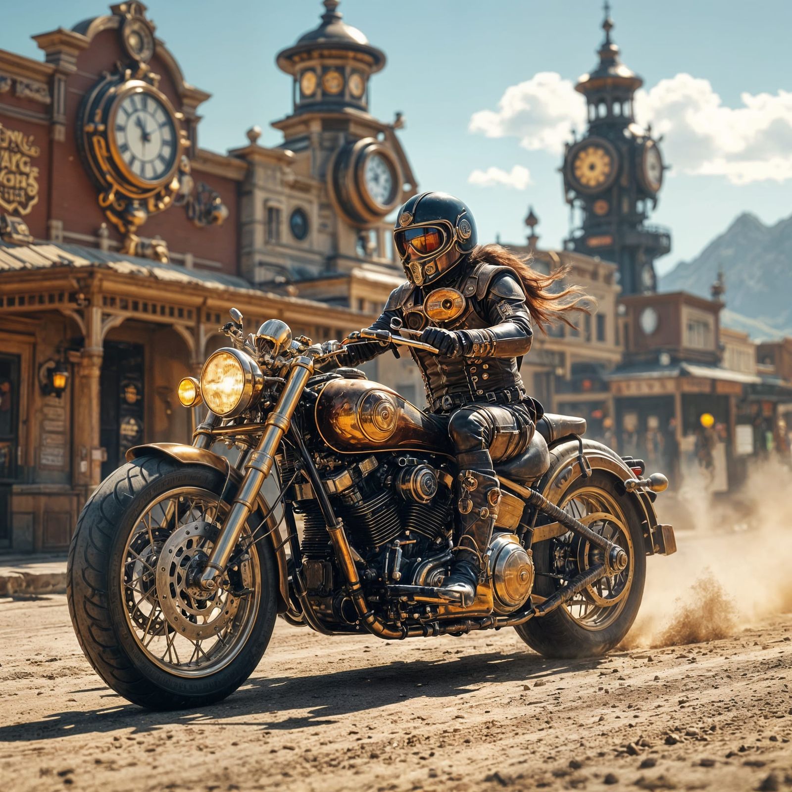 Steampunk Biker Rides Futuristic Western Motorcycle