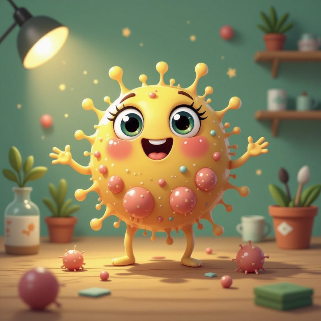 Cute Microbe Joyfully Dividing in Storybook Style