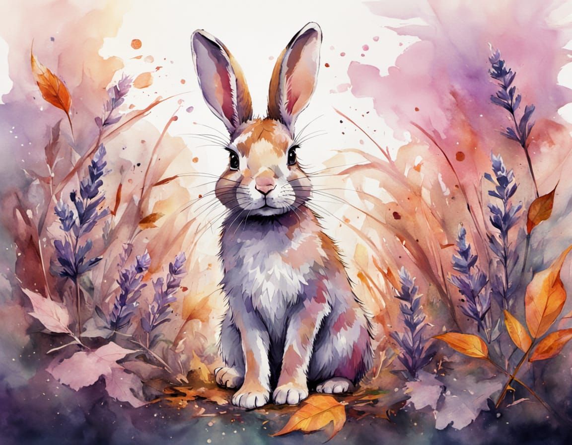 Cute Pink Rabbit in Autumn Field, Watercolour Splash Art