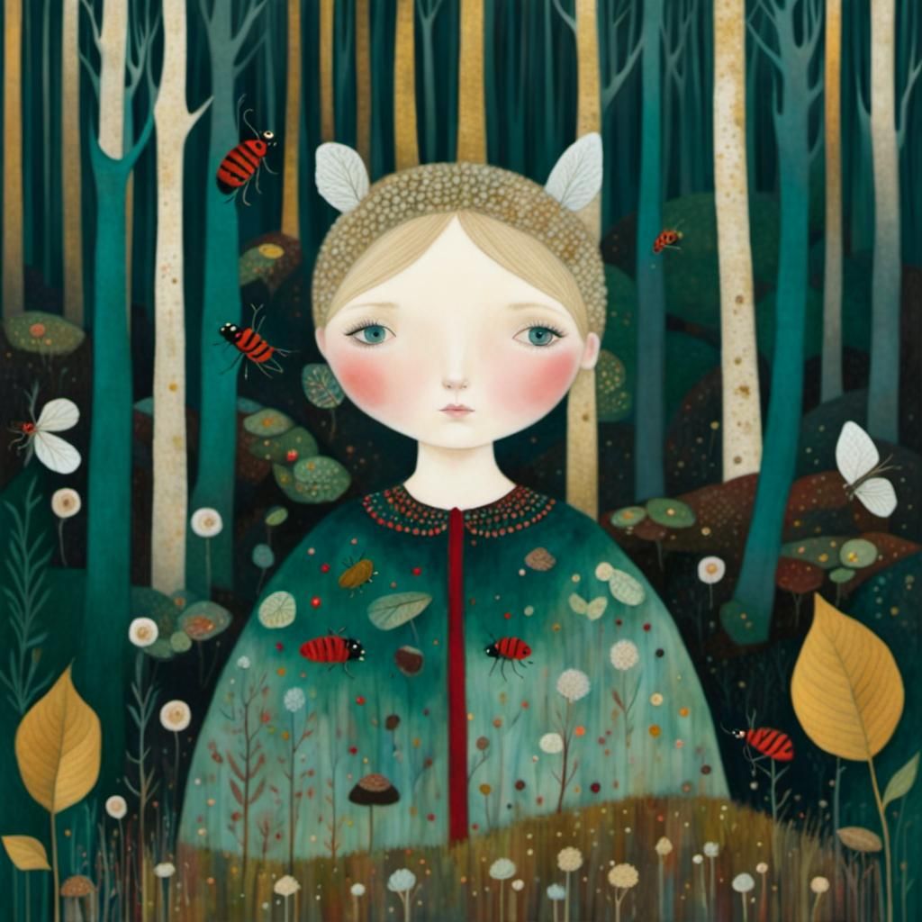 Autumn Woman in Forest, Klimt-Inspired Illustration