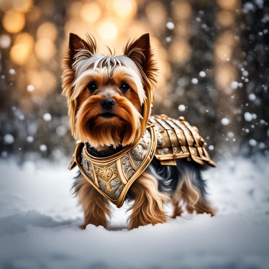 Armored Gold Yorkie Playing in Winter Snow