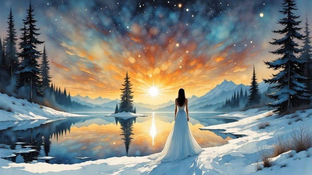 Woman in White Gown Walking in Snowy Surreal Landscape