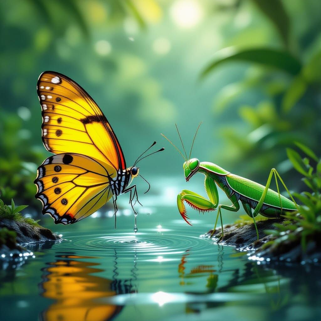 Butterfly vs Mantis in Lush Jungle, Photorealistic Art