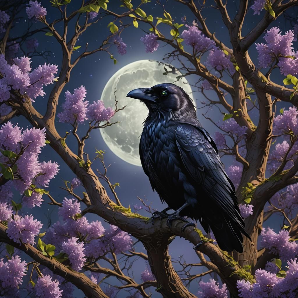 Raven with Glowing Eyes Under Moonlight: Dark Fantasy Art