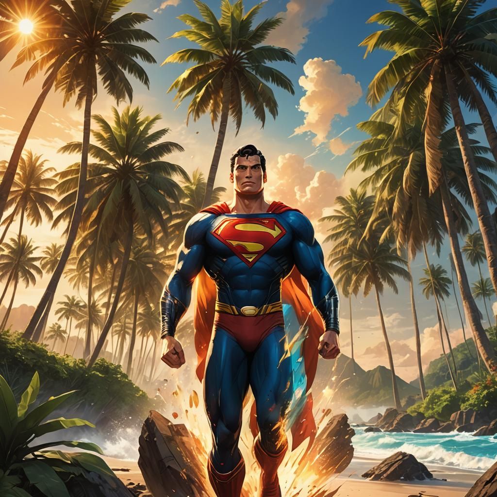 Superman Anime Key Visual on Tropical Island