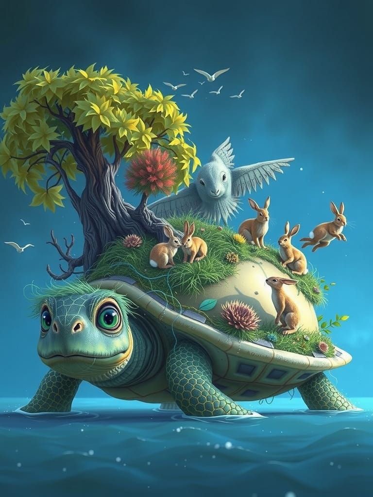 A colossal, extremely cute, adorable, Happy, laughing turtle, with a wide smile, and with a shock of light green hair on...