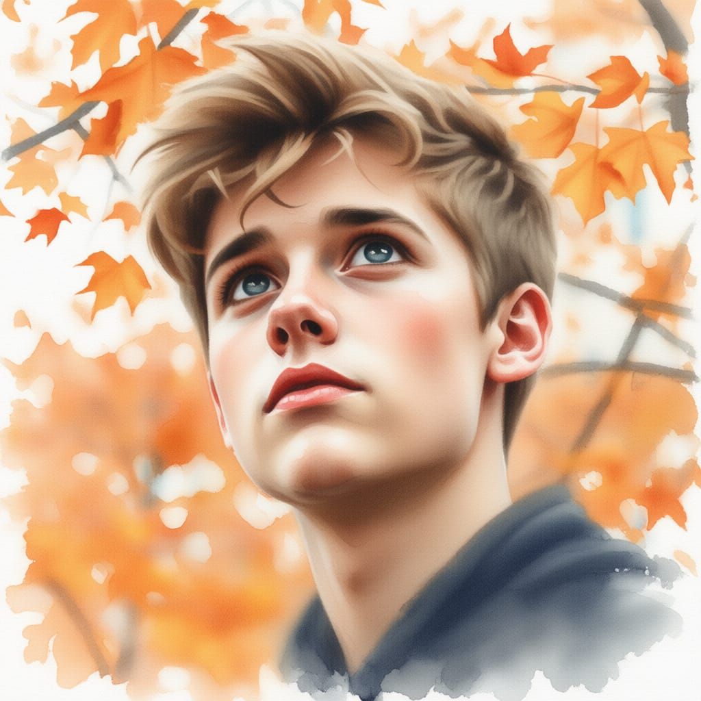 Teenage Boy in Autumn Rain, Gouache Style