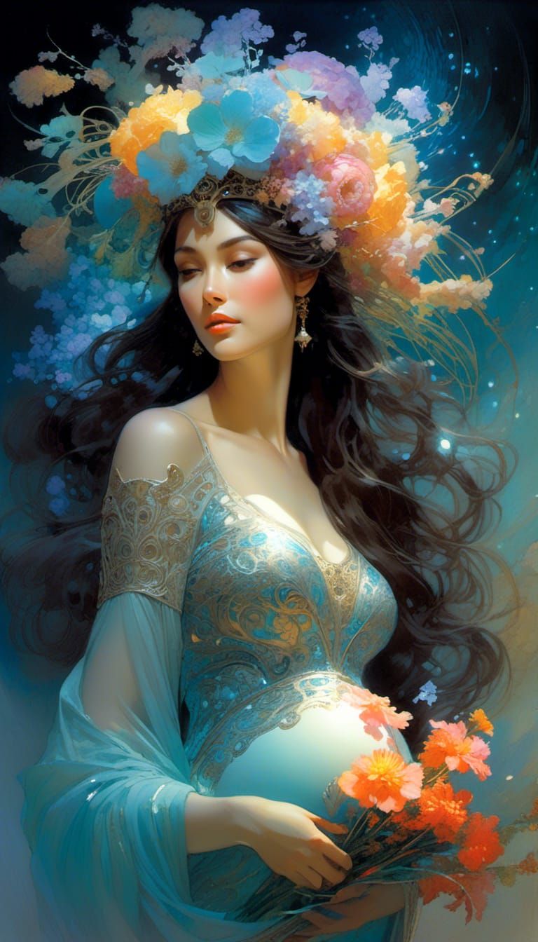 Pregnant Woman with Bioluminescent Bouquet: Watercolor Fanta...