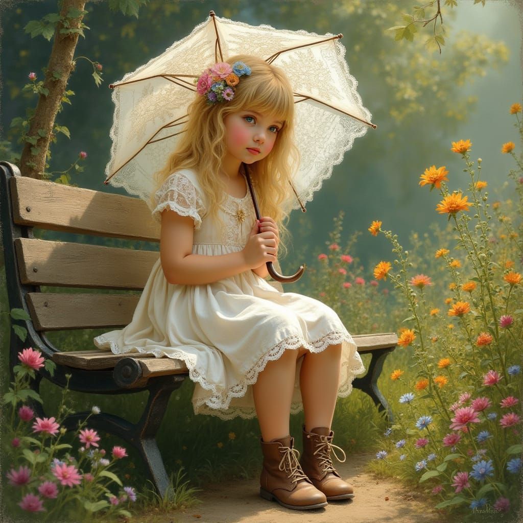 Storybook Oil Painting of Girl in Vintage Dress in Flower Ga...