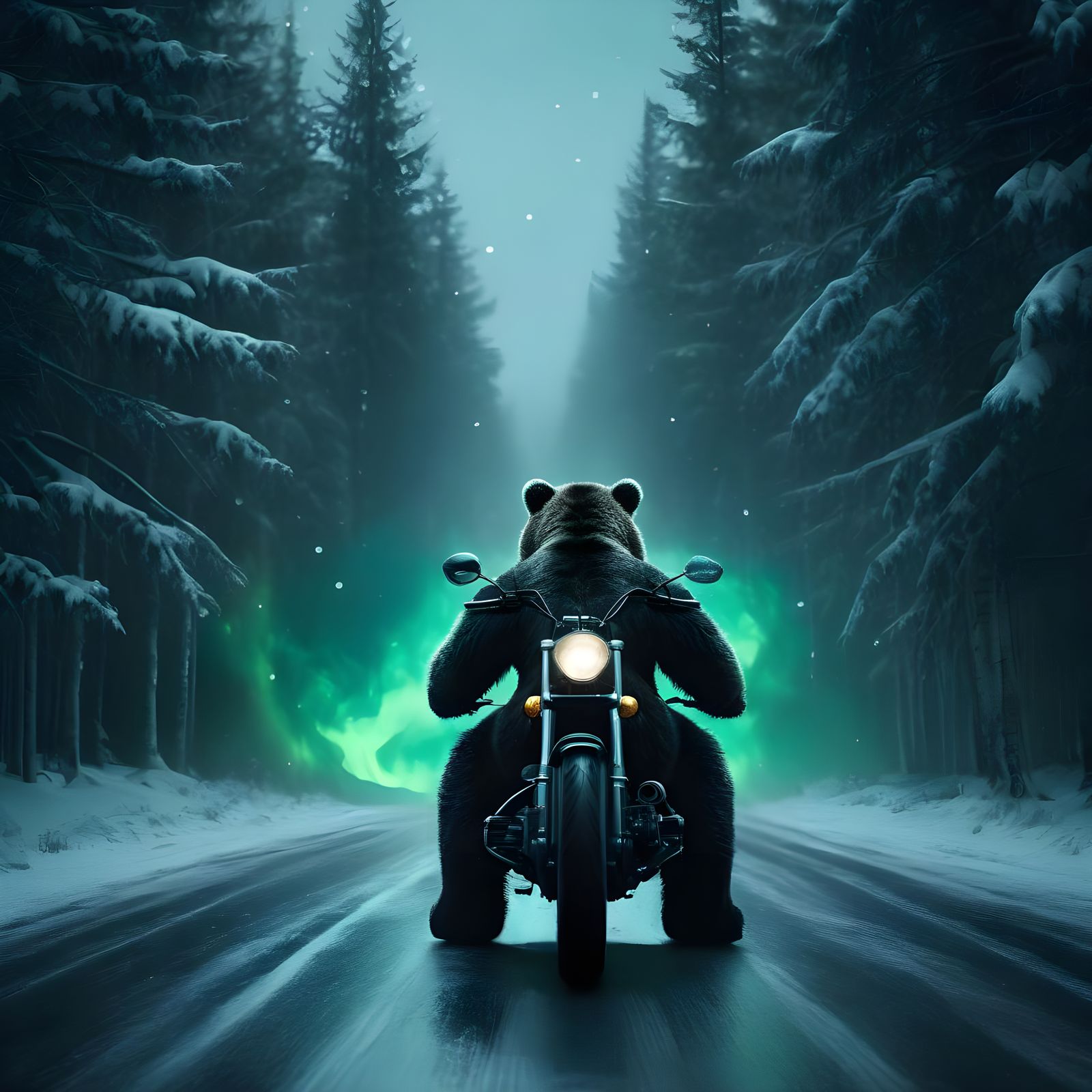 Bear on Motorbike Under Northern Lights