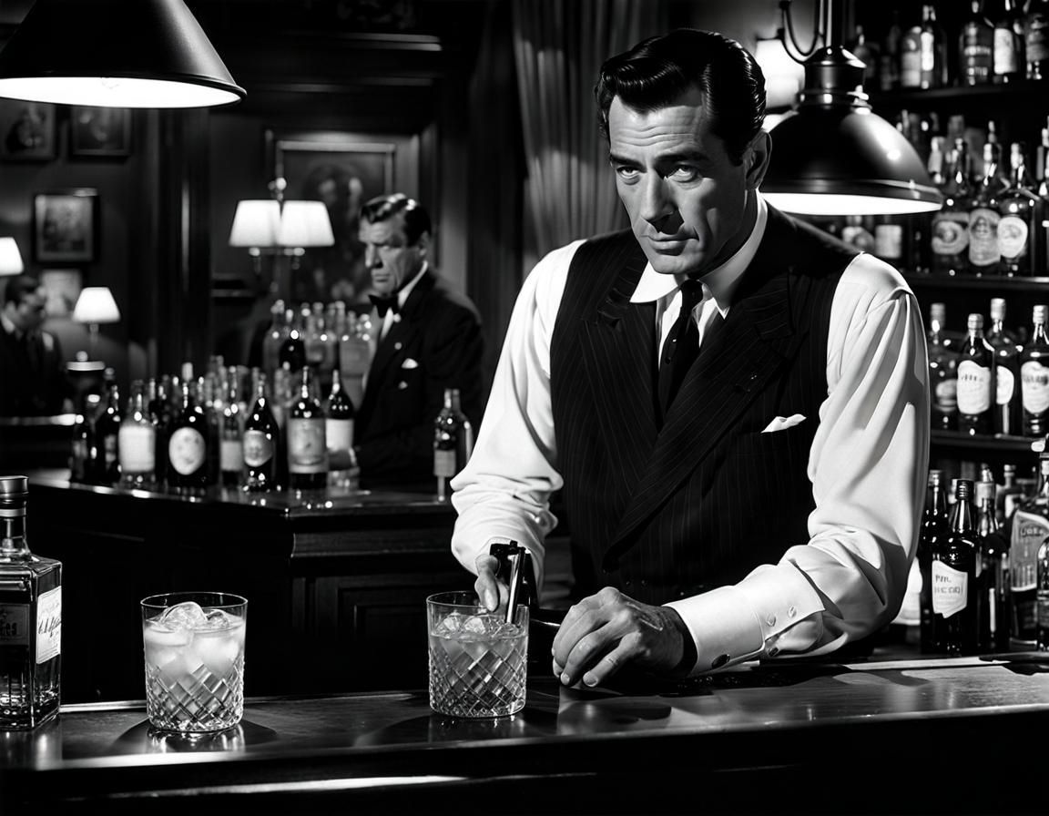 Film Noir Bartender and Detective Scene
