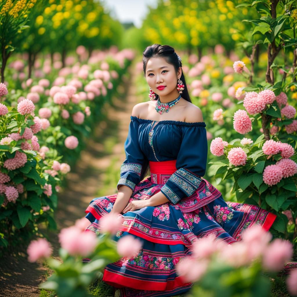 Hmong Woman in Flower Orchard