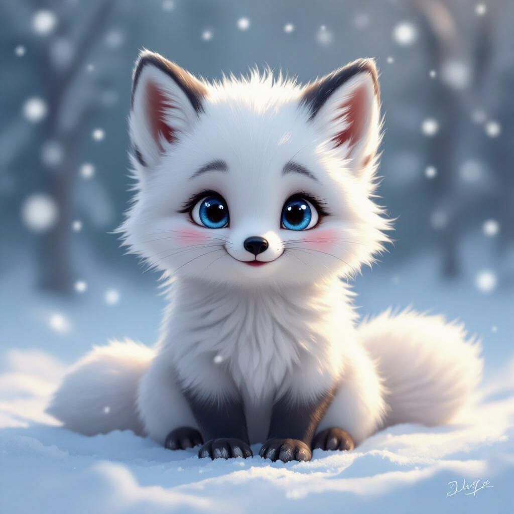 Adorable Arctic Fox Cub in Gentle Snowfall