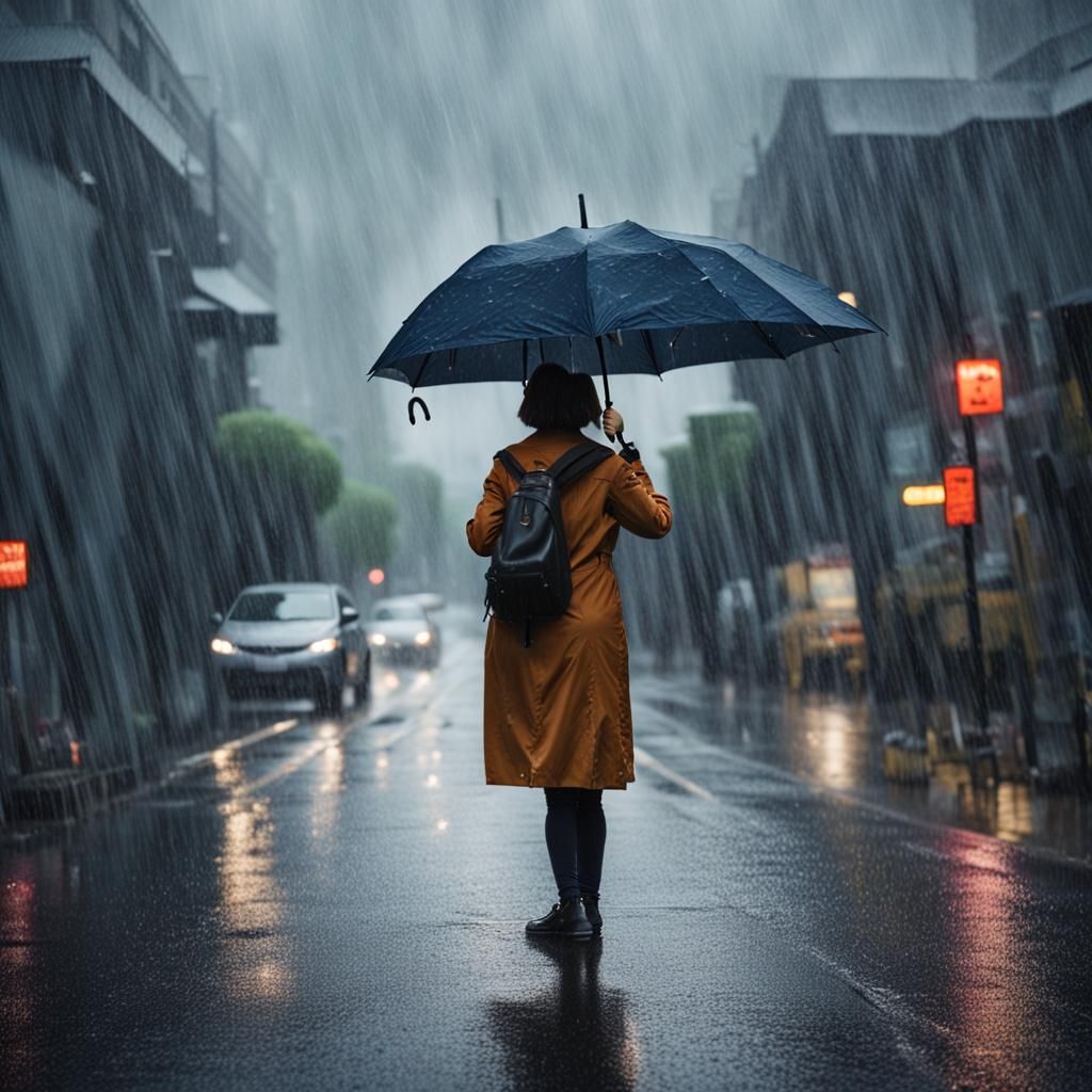 Rainstorm: Woman with Umbrella in the City