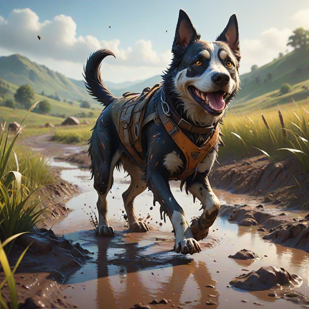 Happy Muddy Dog Trots Through Fantasy Field