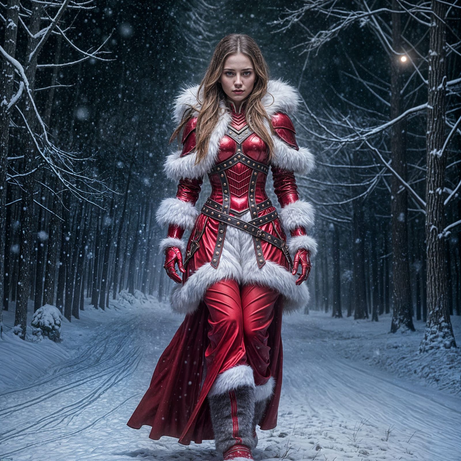 Dangerous Woman in Shiny Red Xmas Armor in Snowy Forest