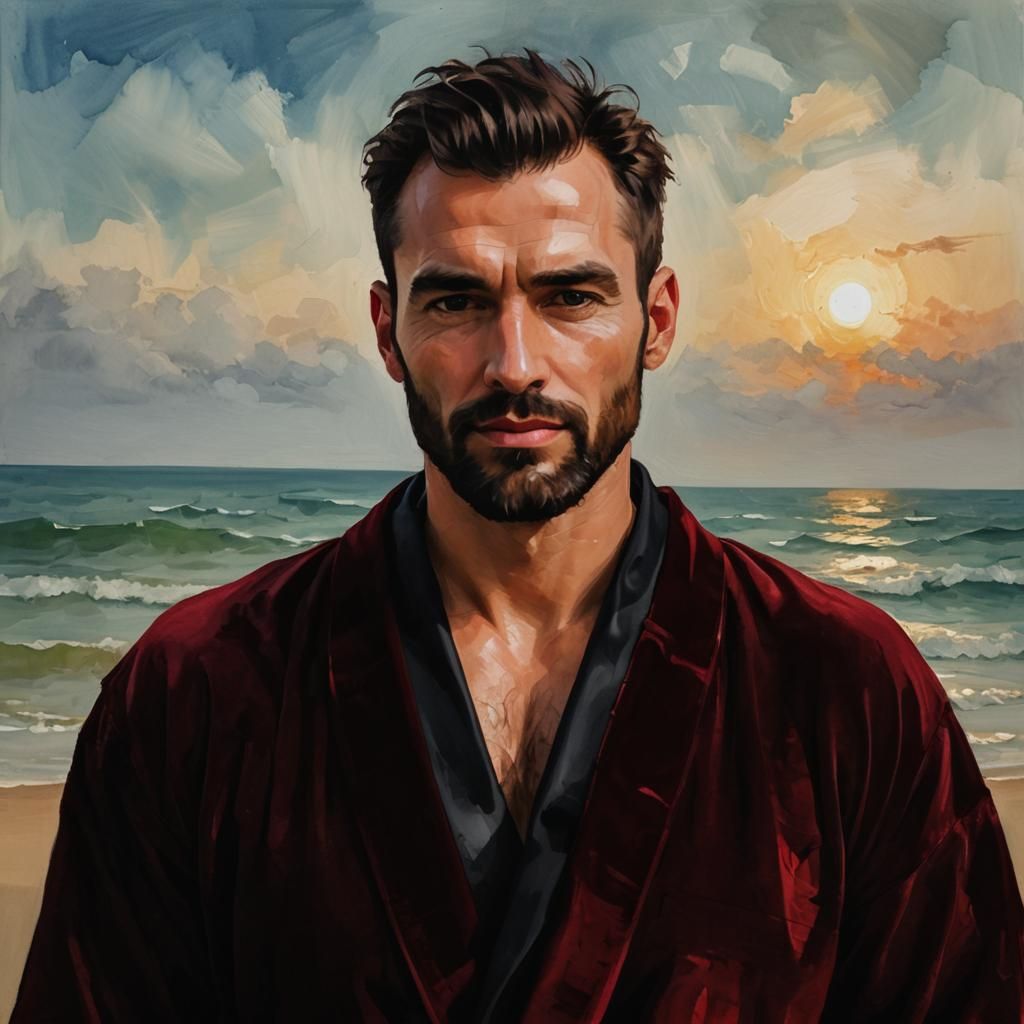Hirsute Man in Red Bathrobe, Impressionist Digital Art