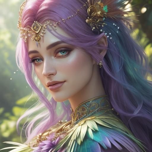 Woman with Peacock Feather Hair: Fantasy Art