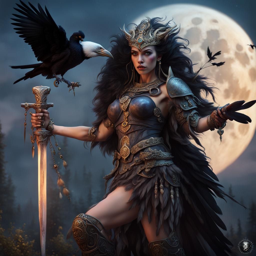 Celtic Warrior Queen Mórrigan with Ravens and Skulls