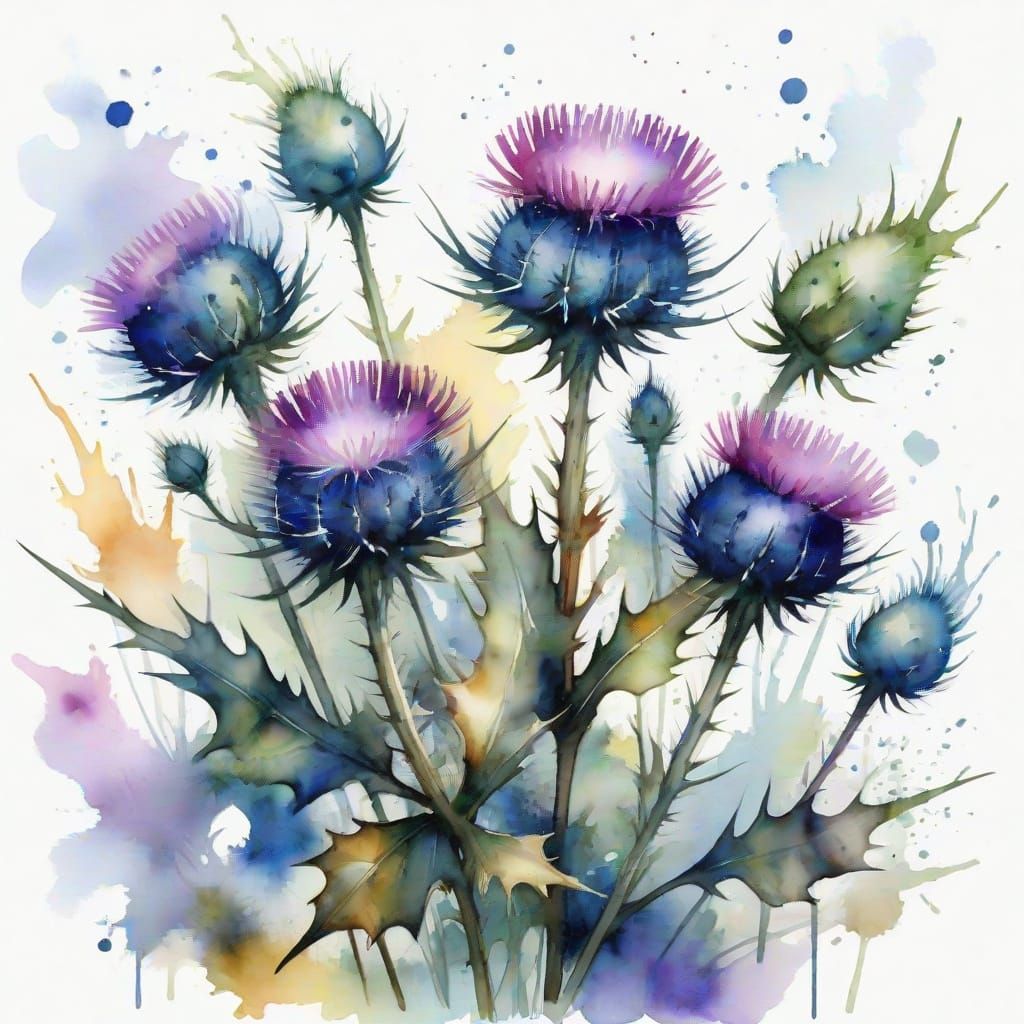 Ethereal Watercolor Thistle with Splotches