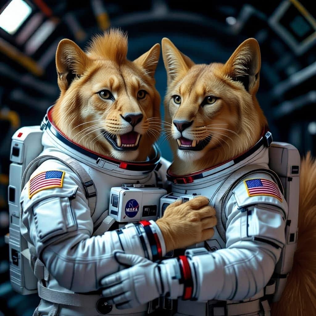 Lioness and Kitsune Hugging in Space Suit