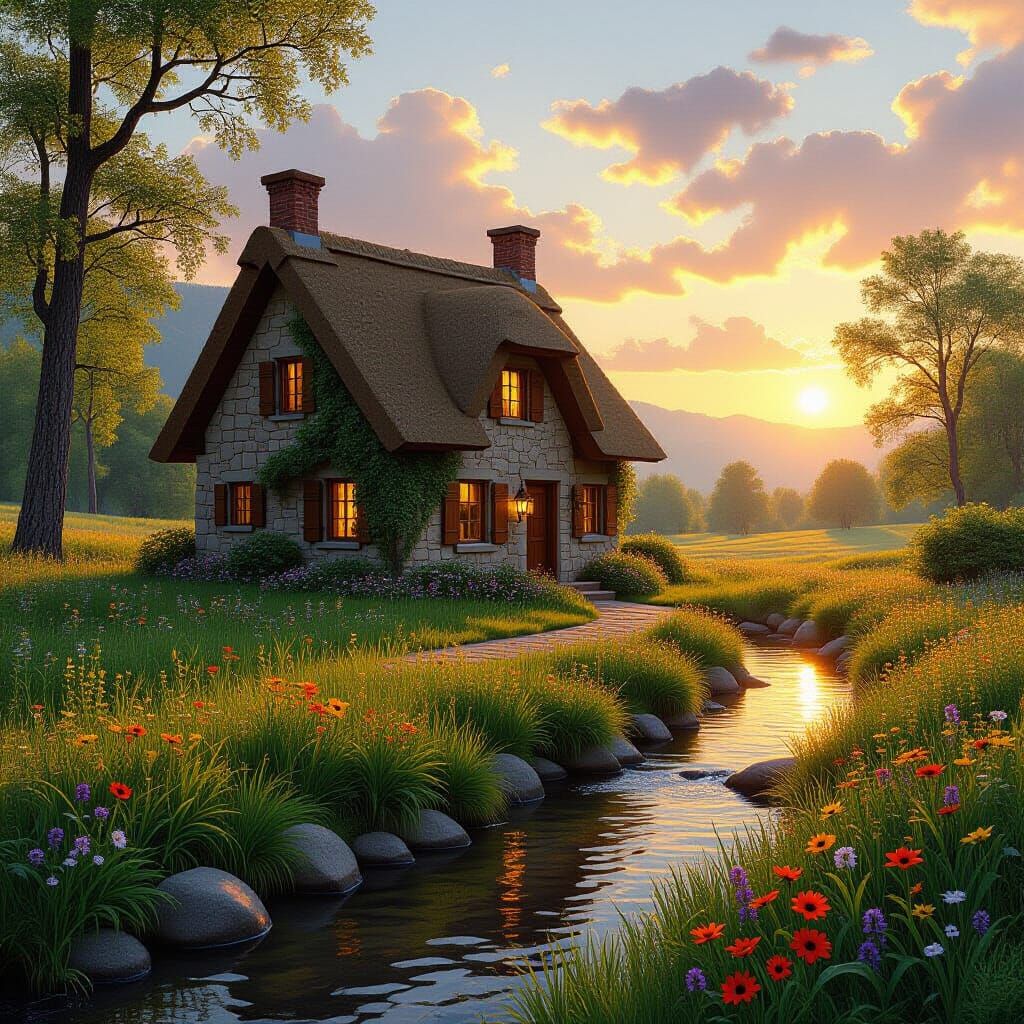 Idyllic Cottage in Meadow, Landscape Painting