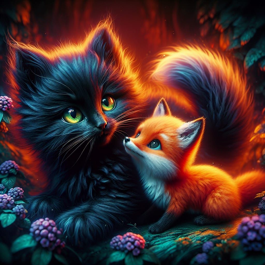 Playful Kitten and Fox: A Matte Painting