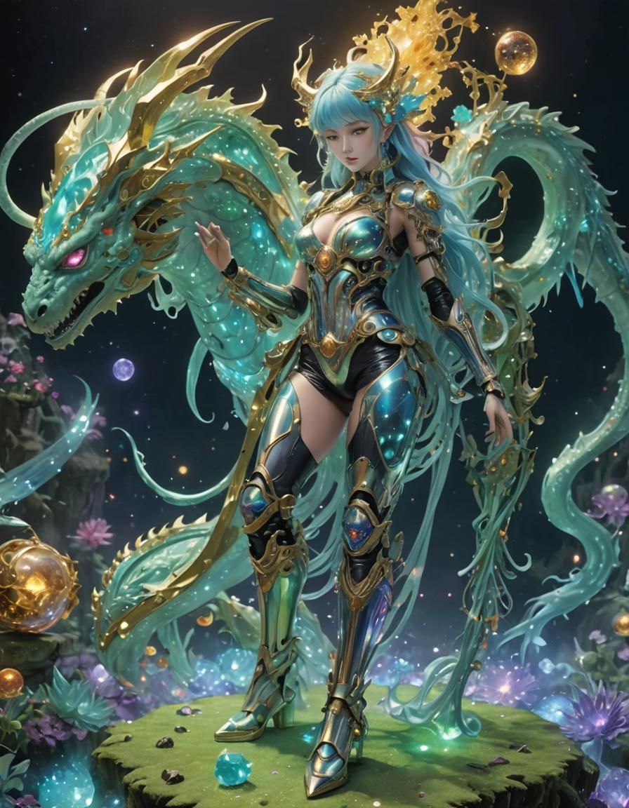 Dragon Girl Chimera with Metal Skeleton in Space