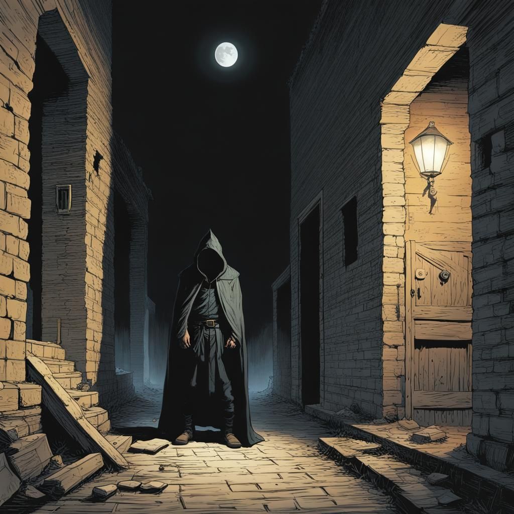 Sinister Thief Hiding in Shadows Under Moonlight