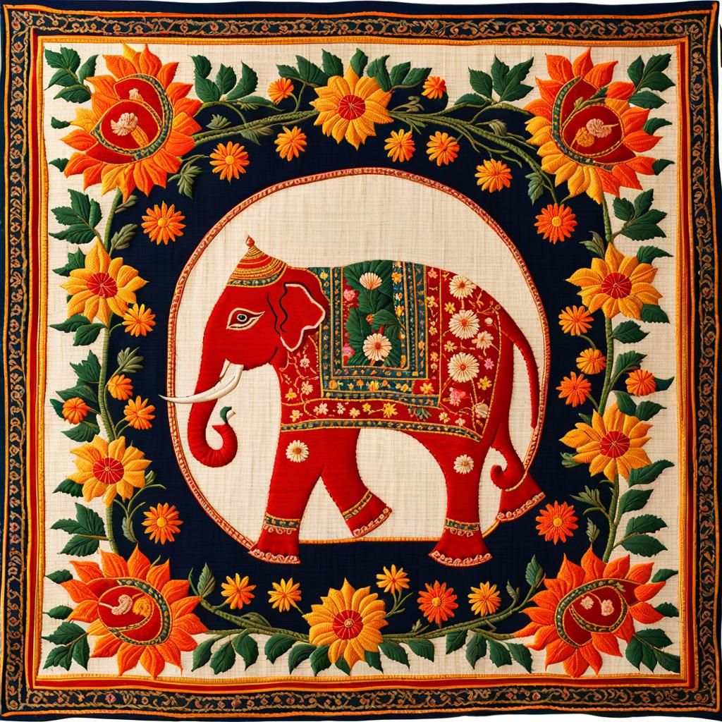 Elephant and Flowers Tapestry in Folk Art Style