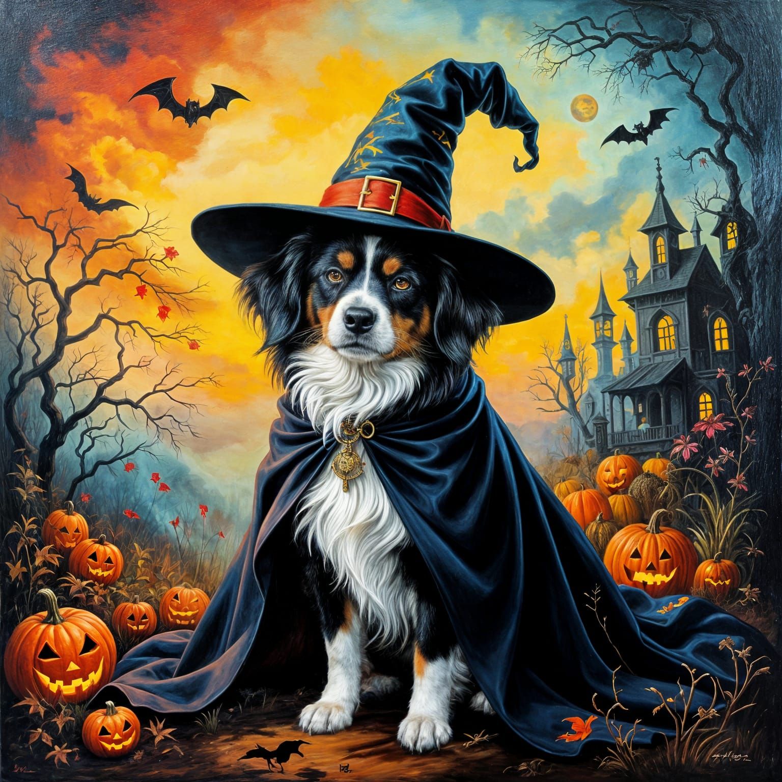 Halloween Witch Dog in Dreamlike Oil Painting