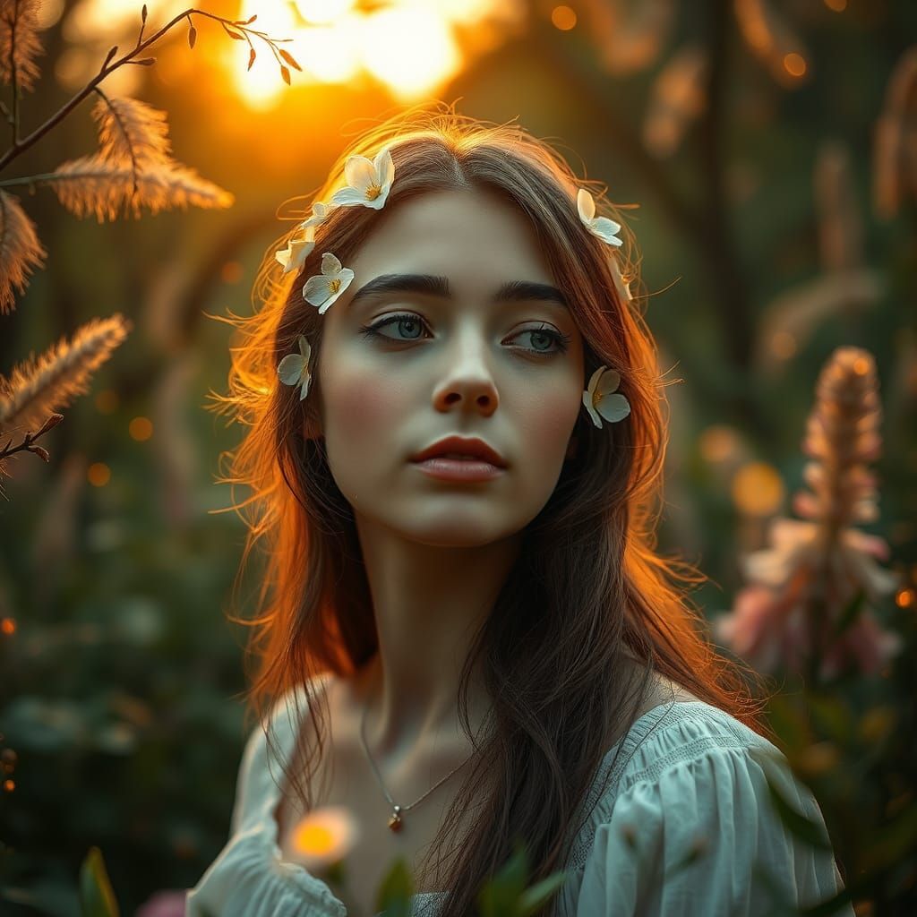 Serene Woman in Lush Garden with Flowers