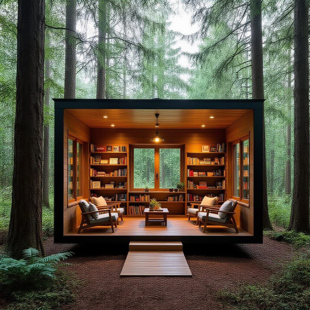 Cozy Forest Library in Glass Shed, Warm Natural Light