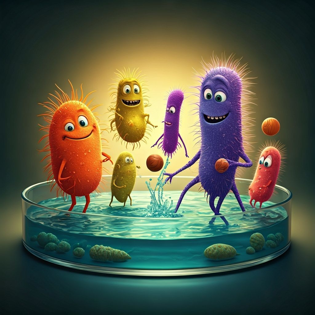 happy microbes and protozoa playing in a petri dish.
