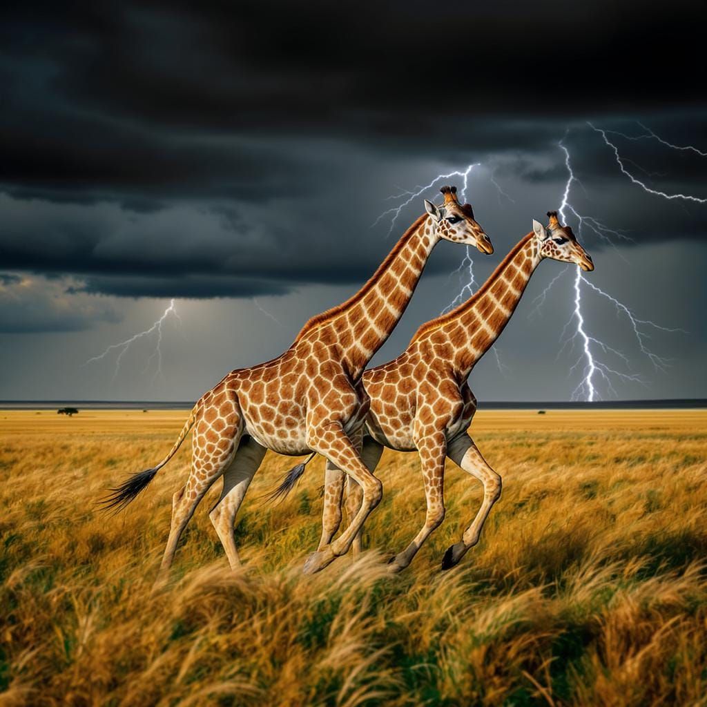 Giraffes Loping Across a Stormy Plain, Hyperrealistic